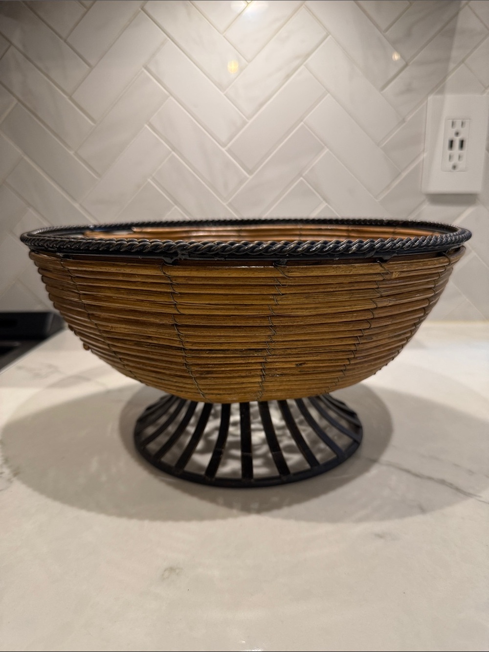 Handwoven Rattan & Metal Decorative Bowl - Brown